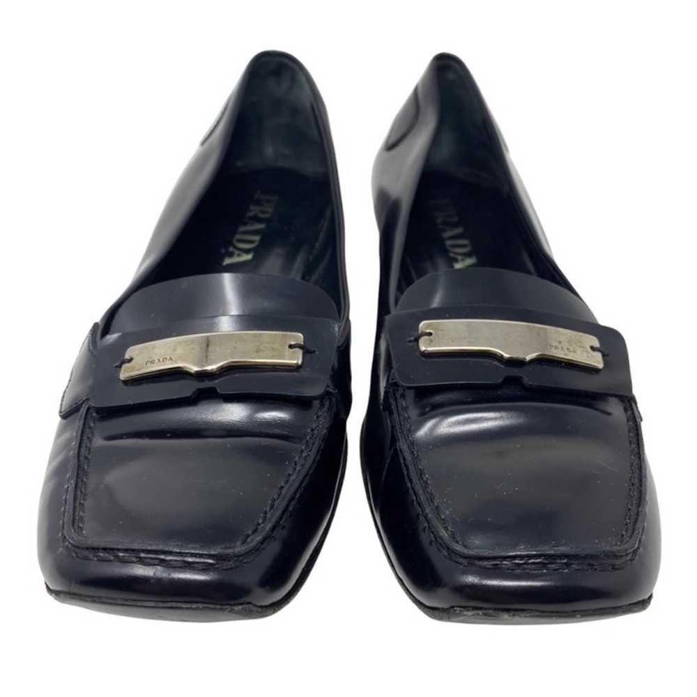 Prada Black Patent Leather Square Toe Loafer Flats with Buckle